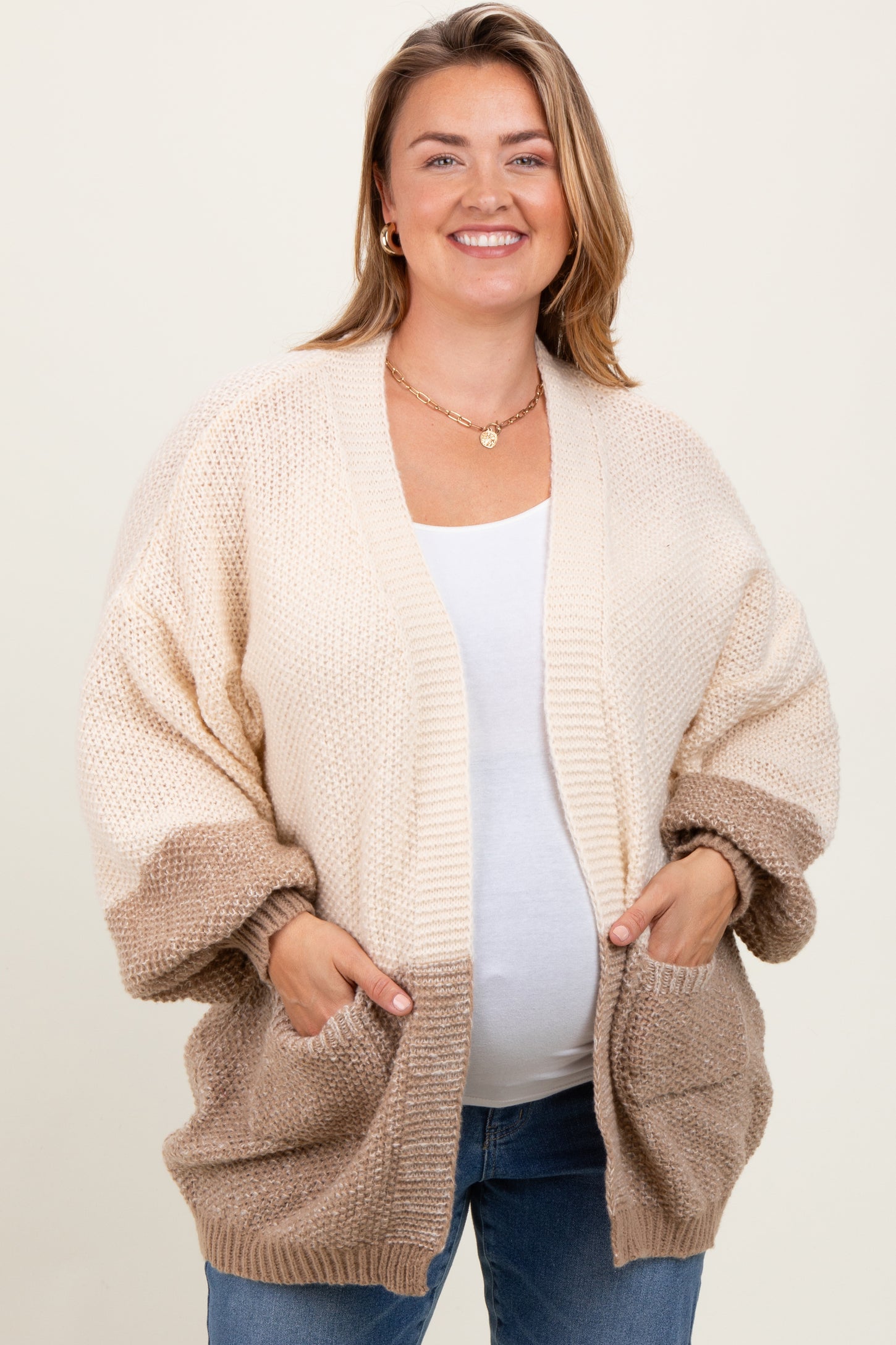 Cream Colorblock Bubble Sleeve Maternity Plus Cardigan