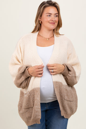 Cream Colorblock Bubble Sleeve Maternity Plus Cardigan