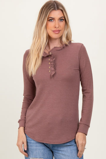 Plum Ruffle Collar Micro Waffle Knit Henley Top