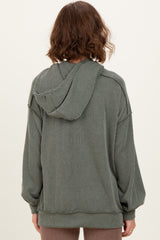 Olive Ribbed Front Pocket Drawstring Hoodie