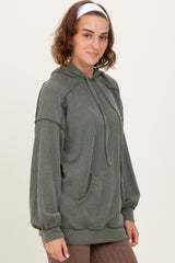 Olive Ribbed Front Pocket Drawstring Hoodie