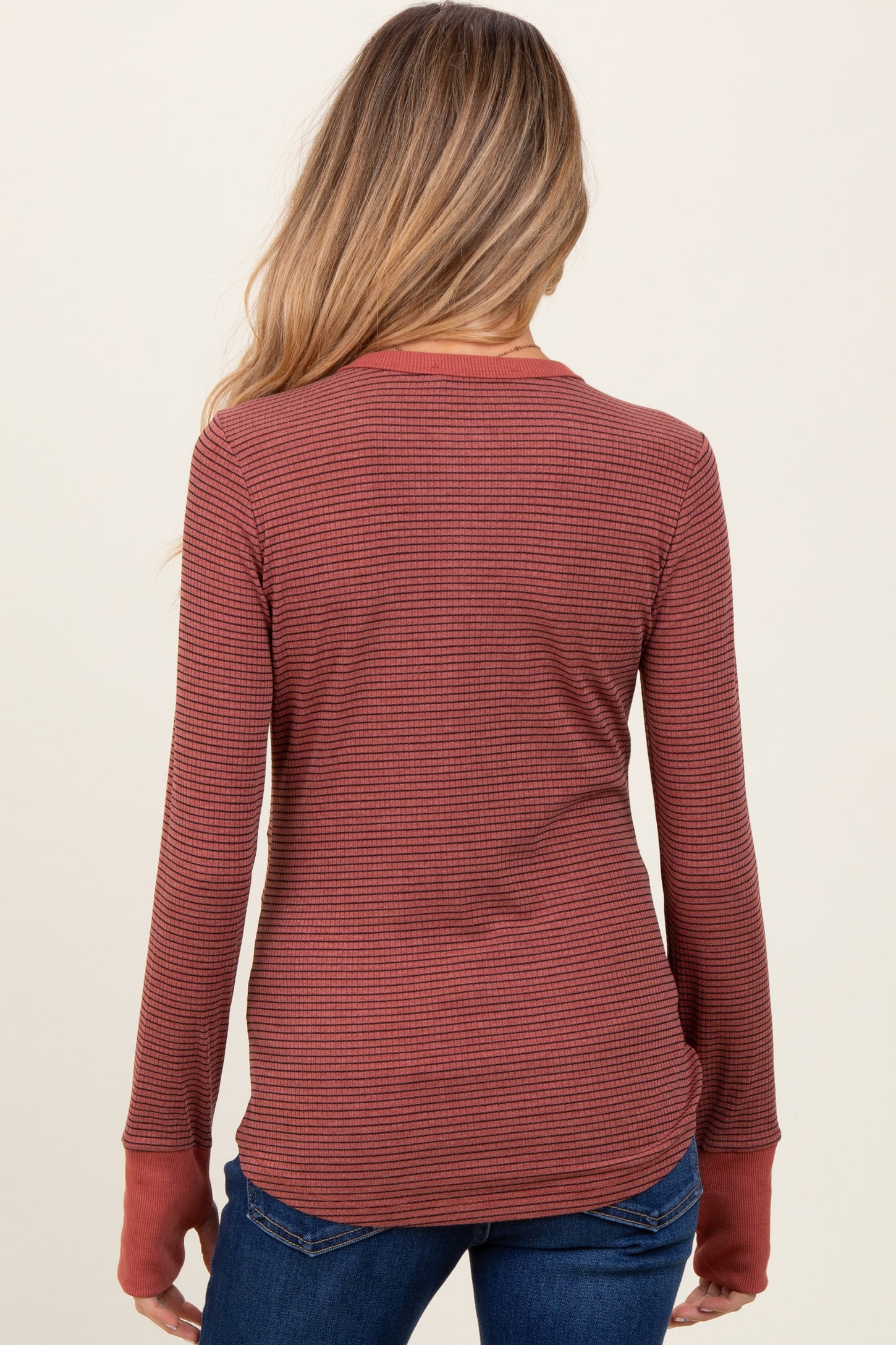 Rust Striped Snap Button Henley Maternity Top