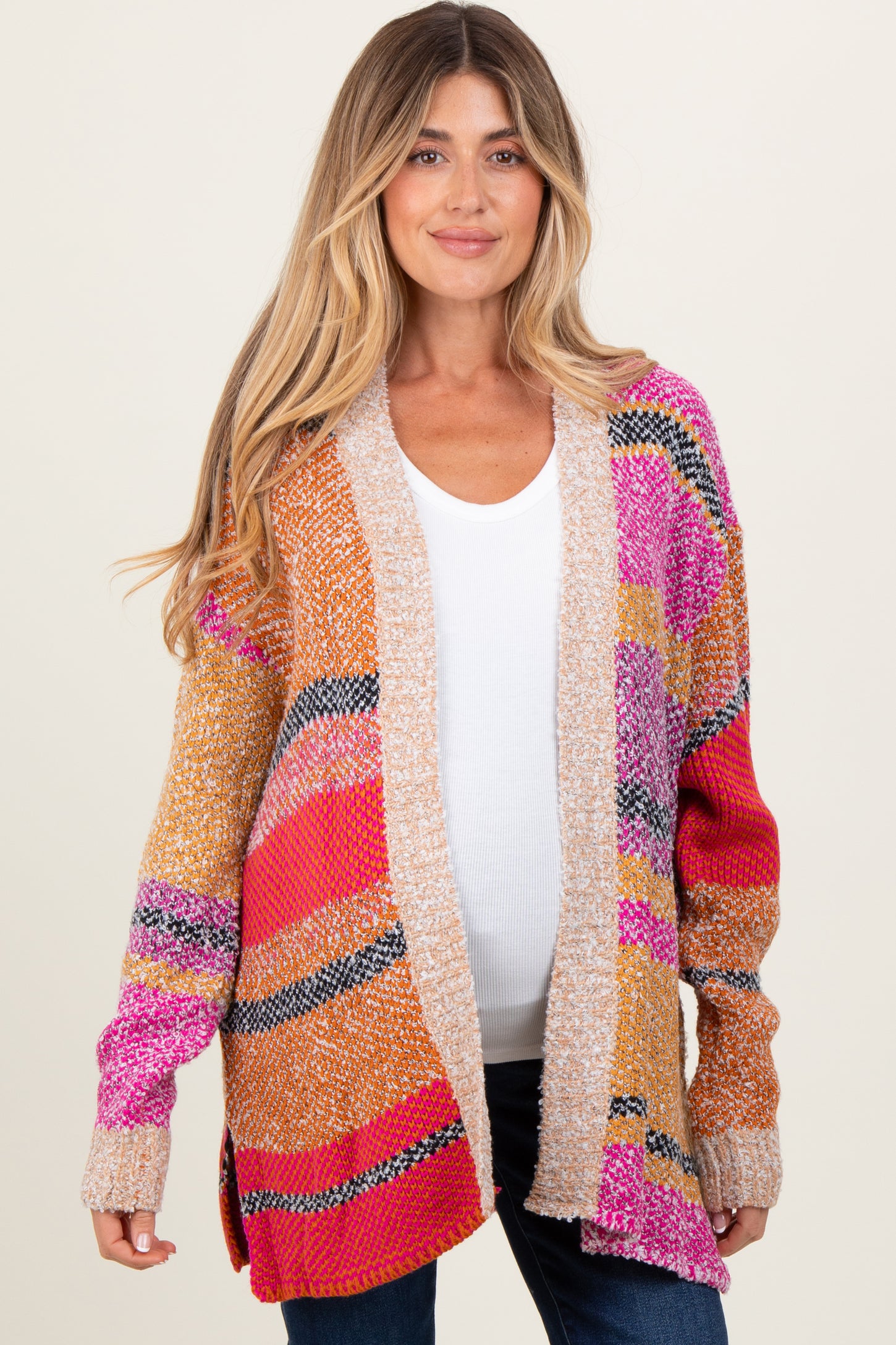 Fuchsia Oversized Colorblock Stripe Maternity Cardigan