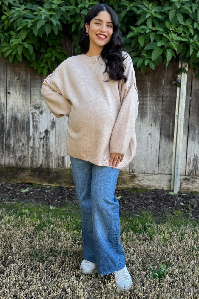 Beige Oversized Crewneck Melange Knit Maternity Sweater
