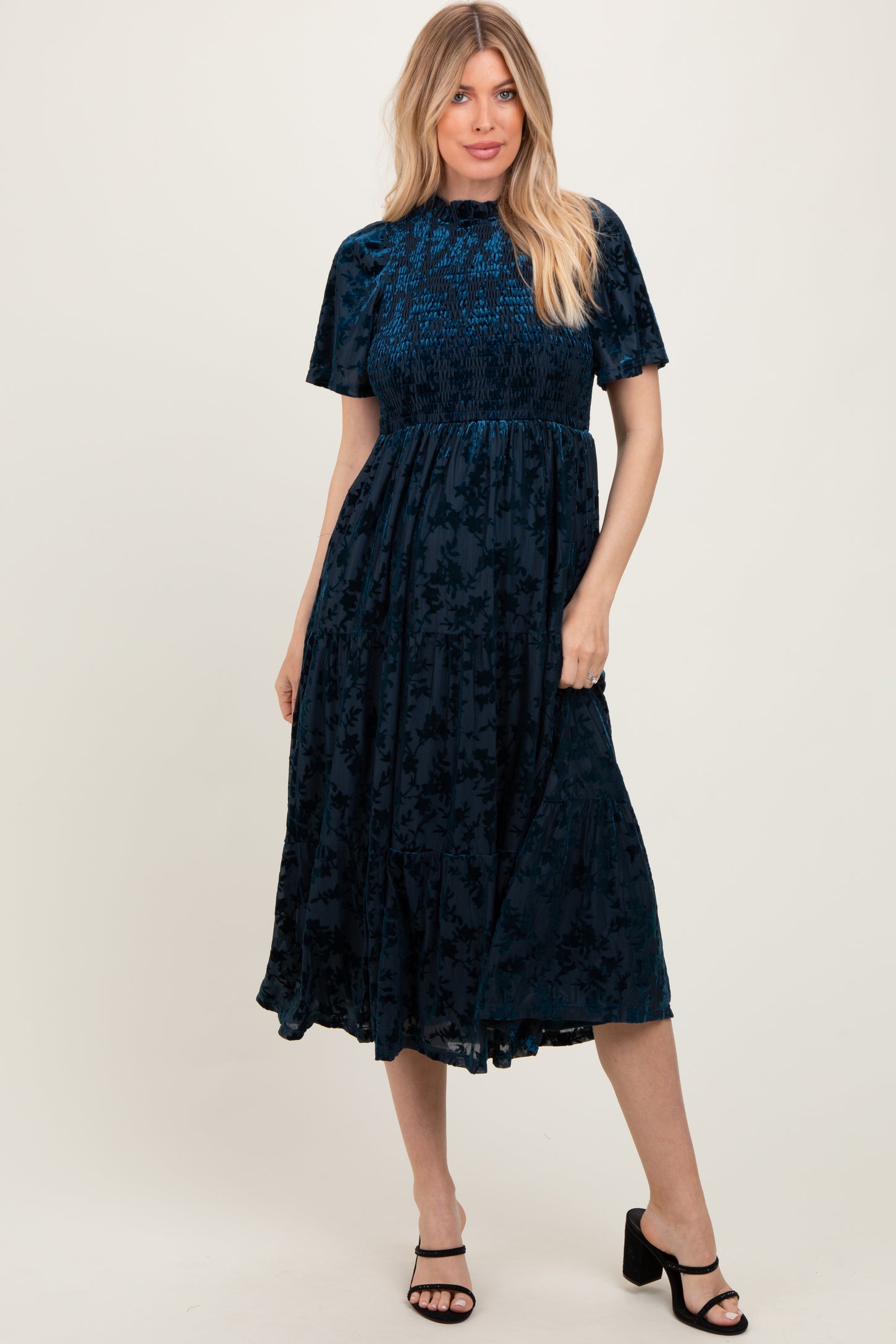 Navy Floral Velvet Print Smocked Midi Dress