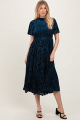 Navy Floral Velvet Print Smocked Midi Dress