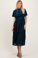 Navy Floral Velvet Print Smocked Midi Dress