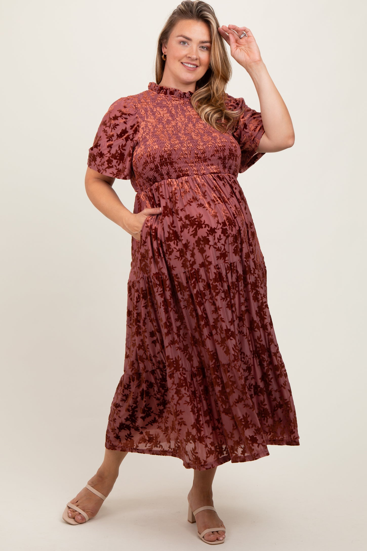 Mauve Floral Velvet Print Smocked Maternity Plus Midi Dress