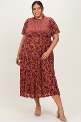 Mauve Floral Velvet Print Smocked Plus Midi Dress