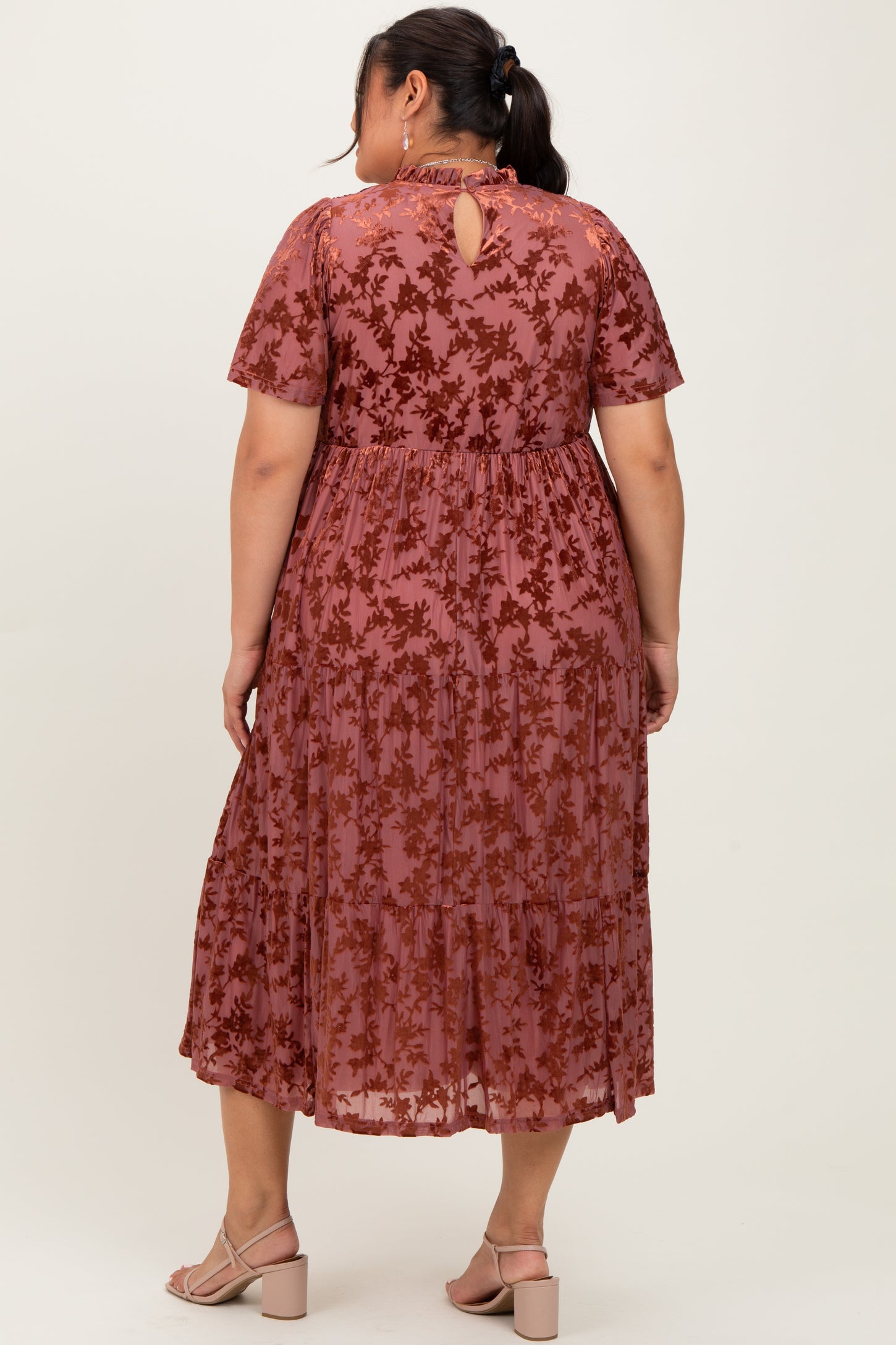 Mauve Floral Velvet Print Smocked Plus Midi Dress