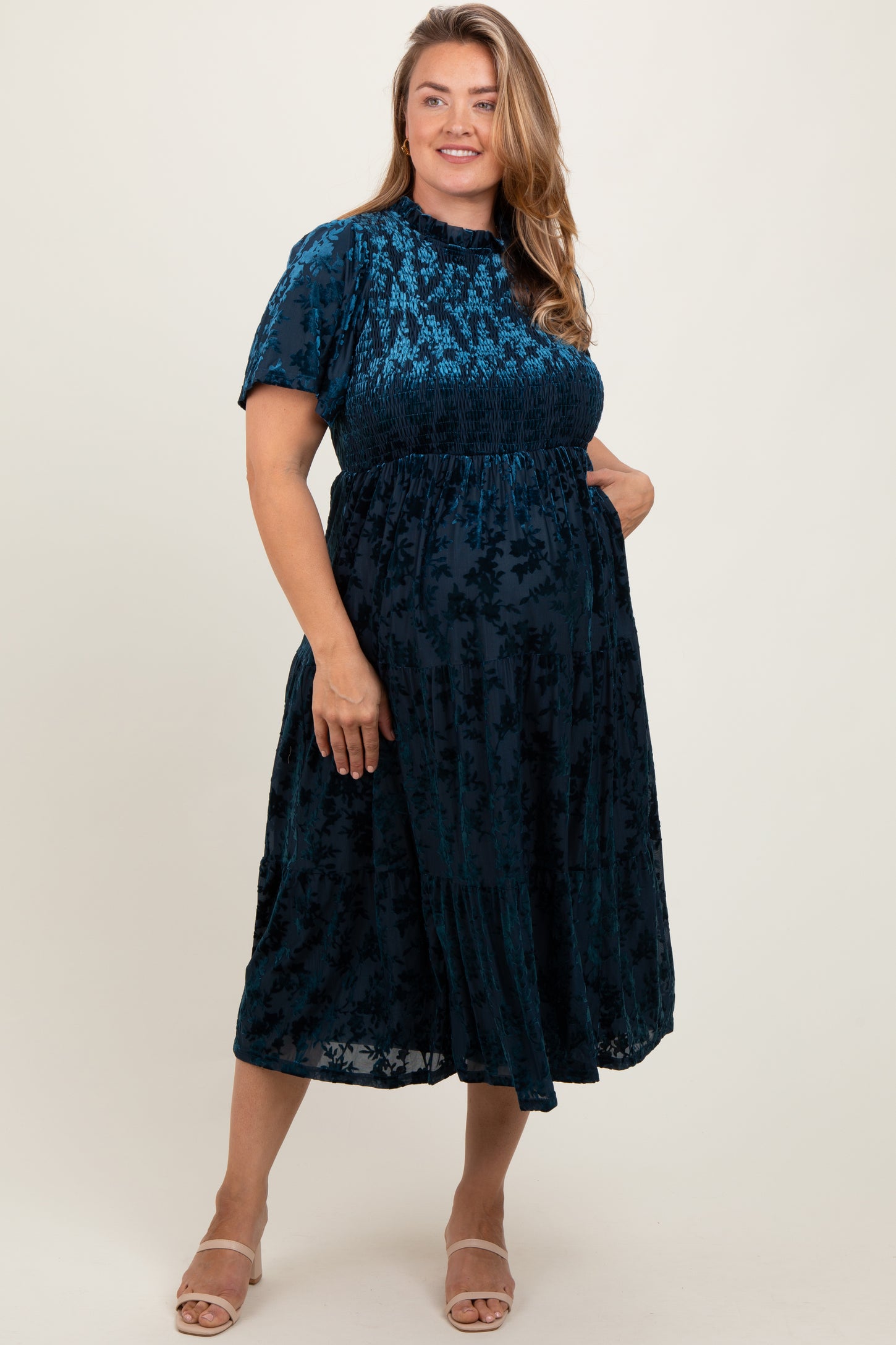 Navy Floral Velvet Print Smocked Maternity Plus Midi Dress