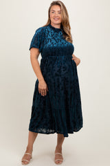 Navy Floral Velvet Print Smocked Maternity Plus Midi Dress