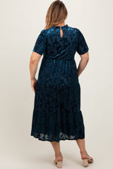 Navy Floral Velvet Print Smocked Maternity Plus Midi Dress