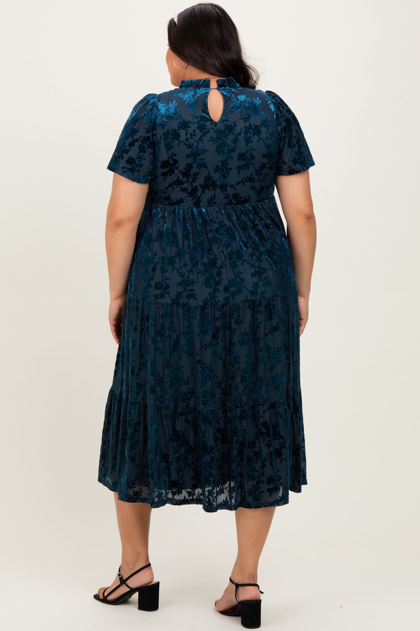 Navy Floral Velvet Print Smocked Plus Midi Dress