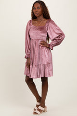 Mauve Velvet Smocked Long Sleeve Dress