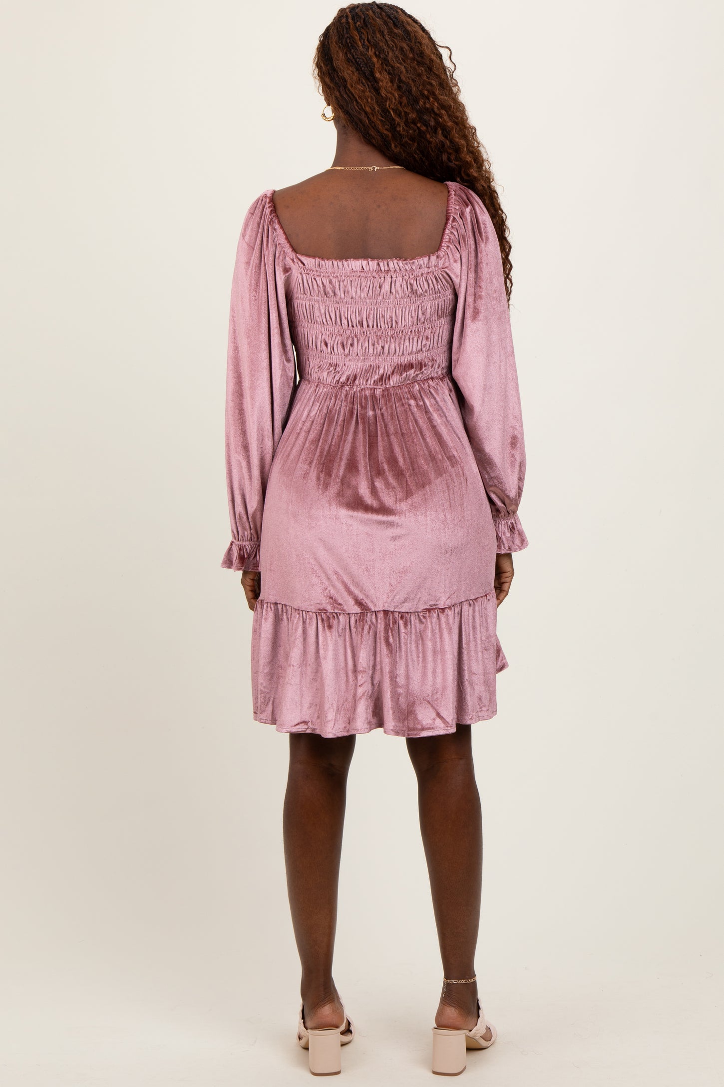 Mauve Velvet Smocked Long Sleeve Dress