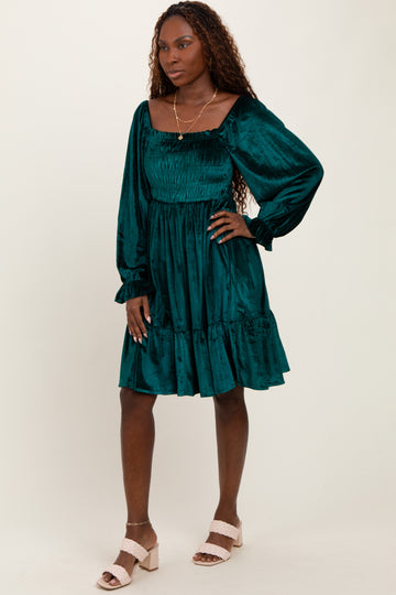 Forest Green Velvet Smocked Long Sleeve Dress