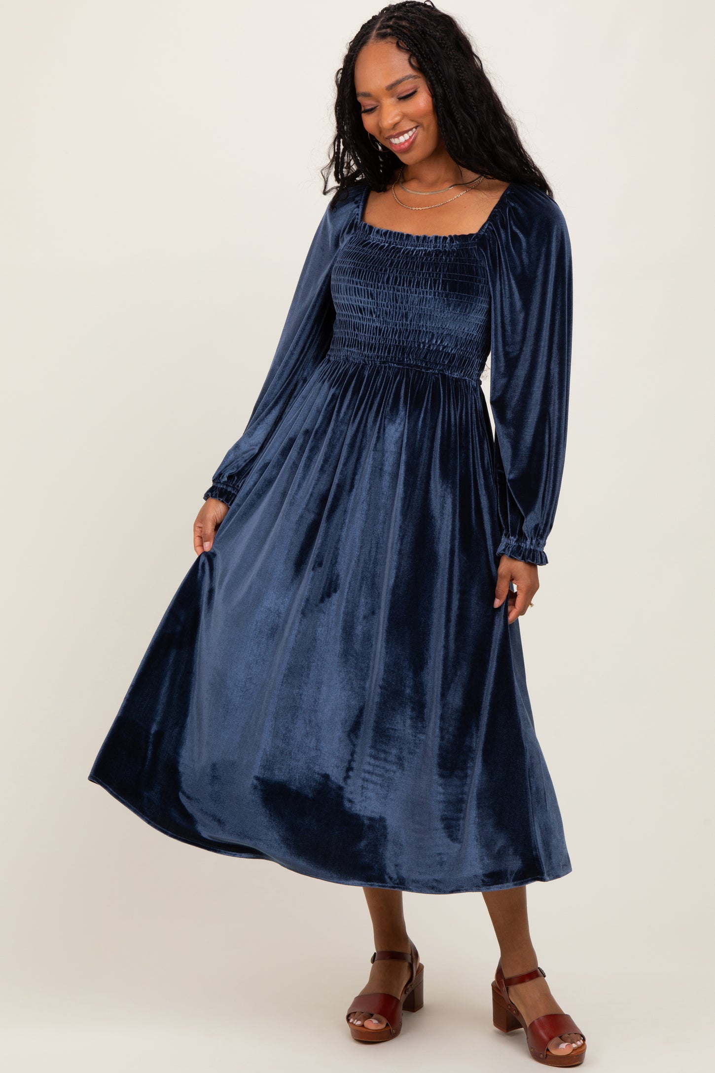 Navy Velvet Smocked Long Sleeve Maternity Maxi Dress