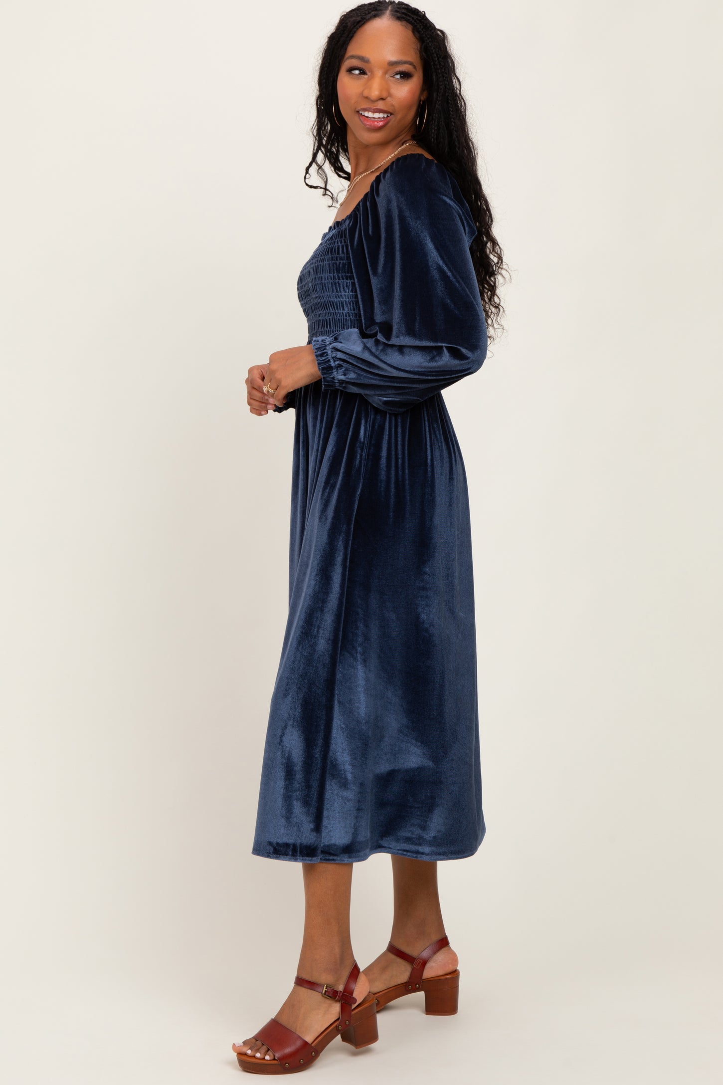 Navy Velvet Smocked Long Sleeve Maxi Dress