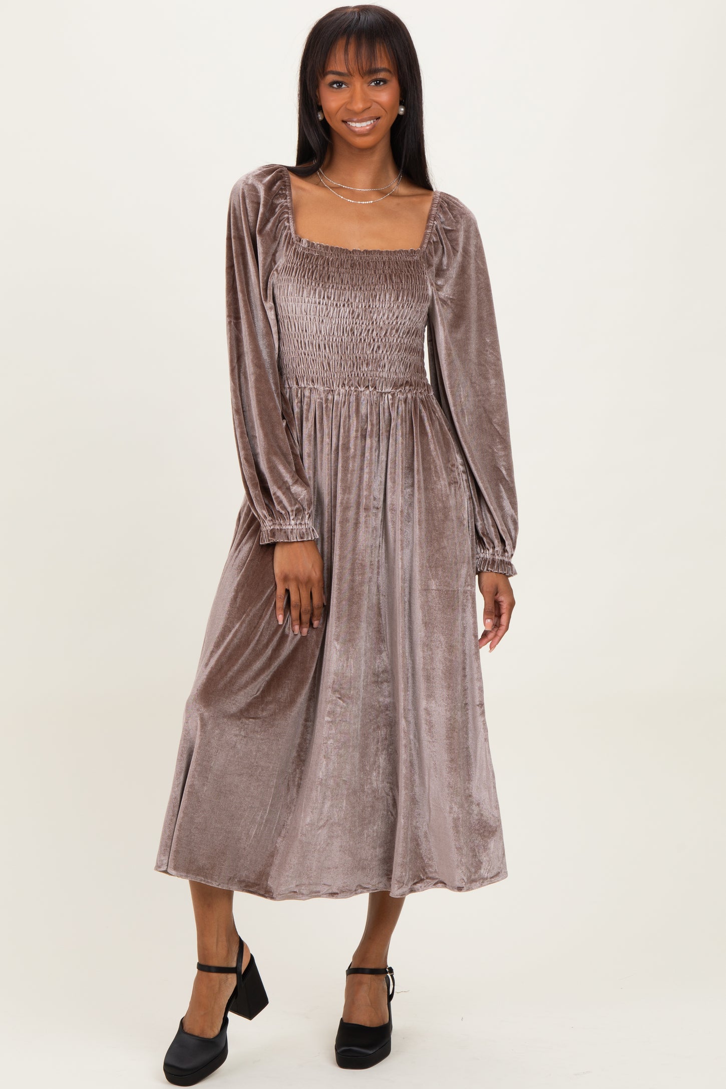 Taupe Velvet Smocked Long Sleeve Maxi Dress