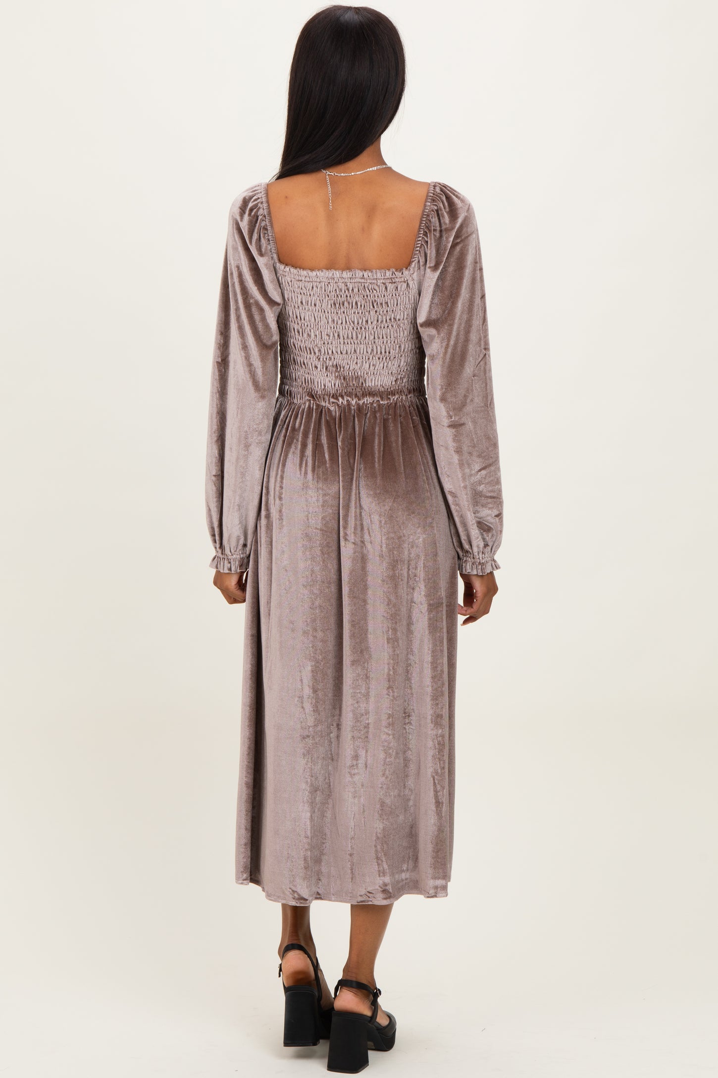 Taupe Velvet Smocked Long Sleeve Maxi Dress