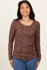 Brown Floral Ribbed Long Sleeve Maternity Top