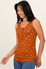 Rust Floral Print Ribbed Henley Sleeveless Top