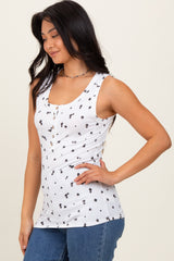 Cream Floral Print Ribbed Henley Sleeveless Top