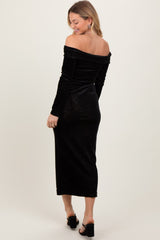 Black Shiny Velour Off Shoulder Midi Dress
