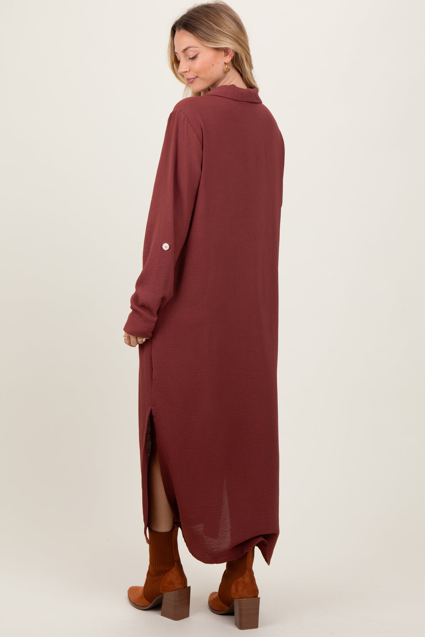 Rust Long Sleeve Button Down Maxi Dress