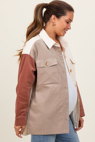Ivory Corduroy Colorblock Oversized Maternity Shirt Jacket