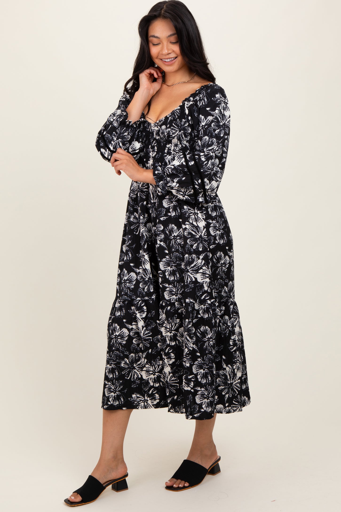 Black Floral Smocked 3/4 Sleeve Tiered Midi Dress