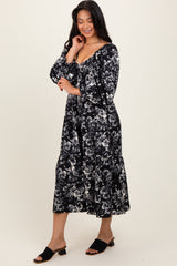 Black Floral Smocked 3/4 Sleeve Tiered Midi Dress
