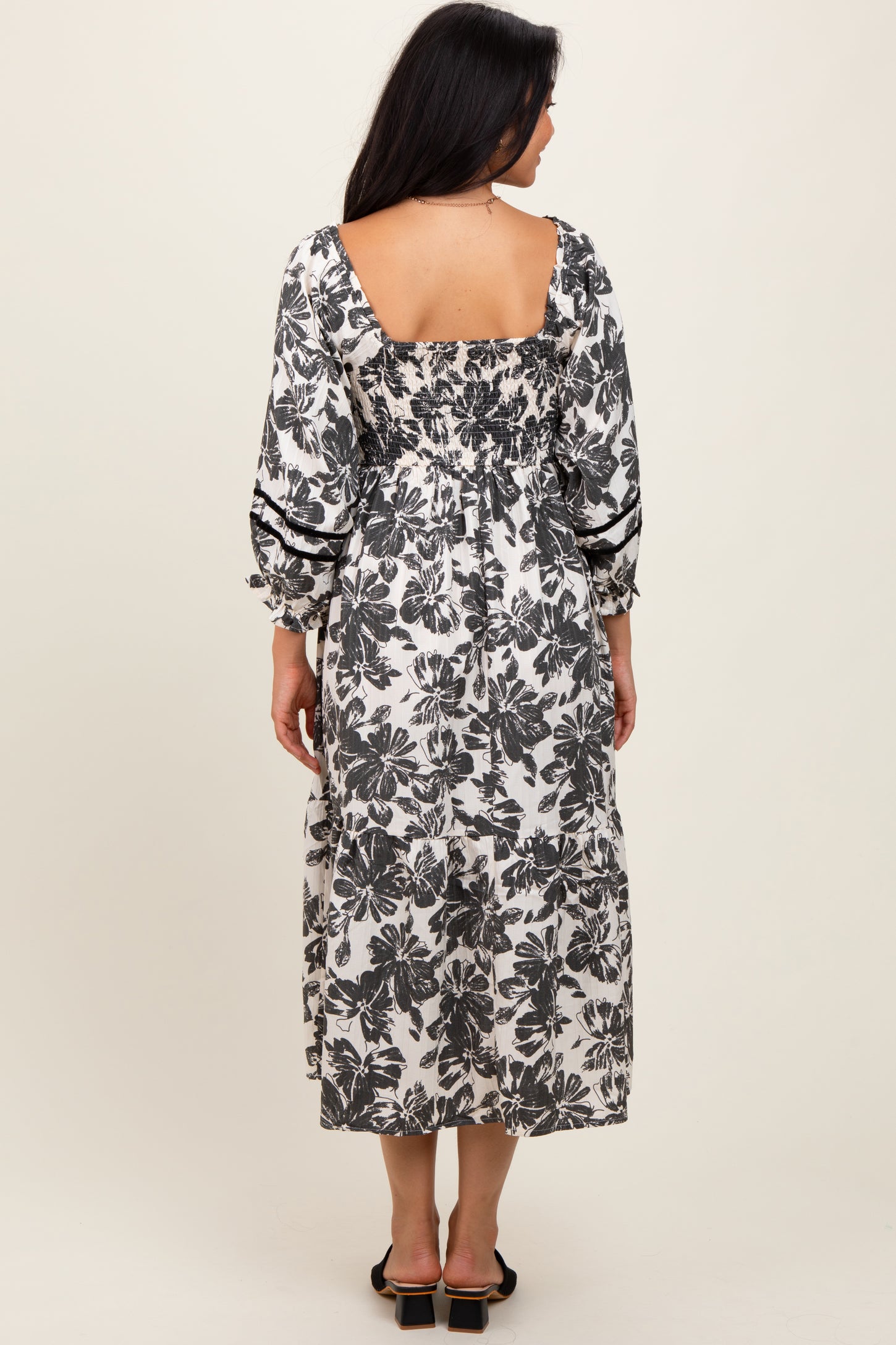 Cream Floral Smocked 3/4 Sleeve Tiered Midi Dress