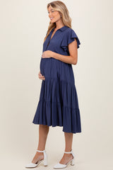 Navy Blue Ruffle Sleeve V-Neck Tiered Maternity Midi Dress