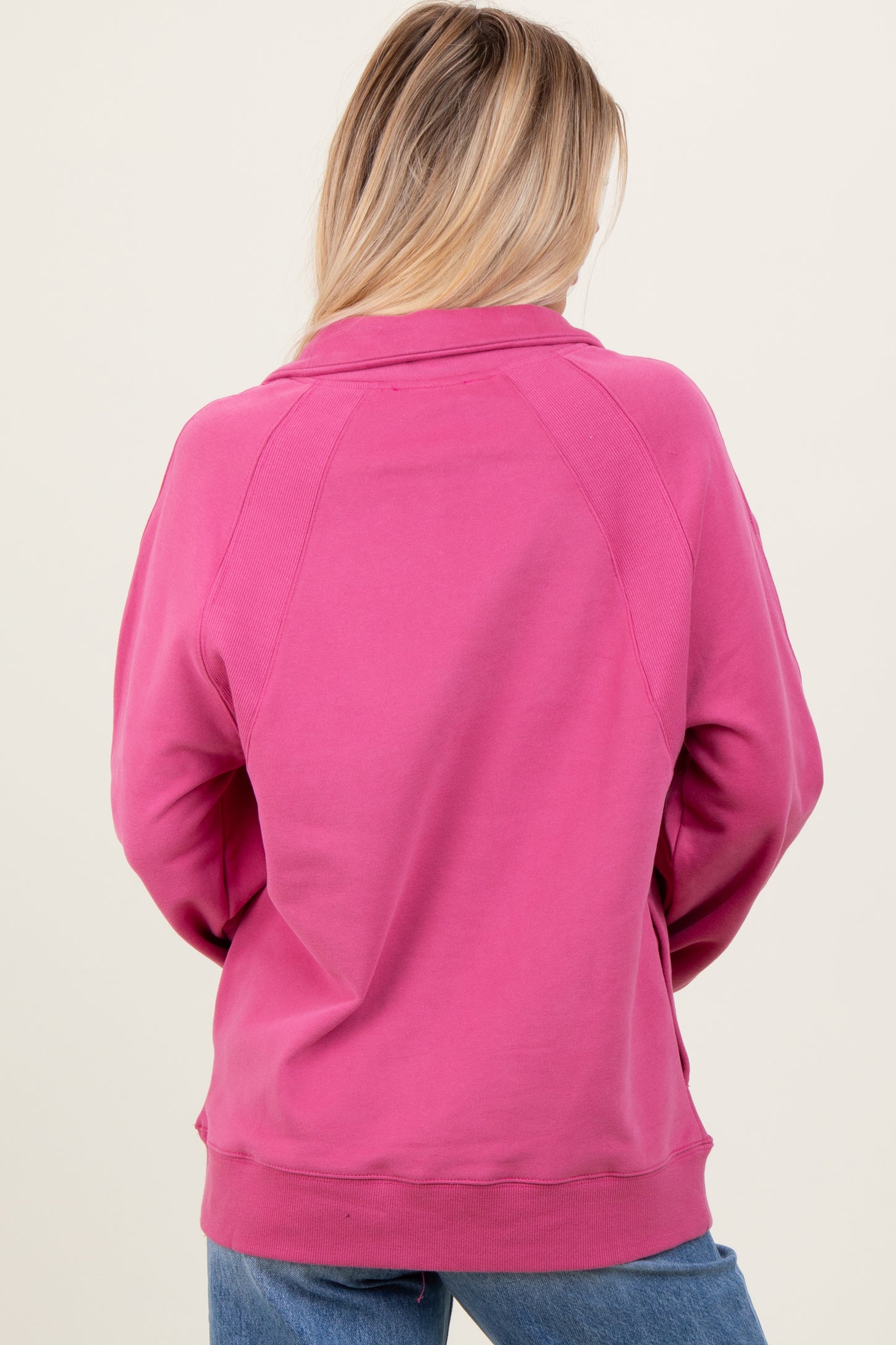 Pink Half Zip Contrast Rib Sweatshirt Top