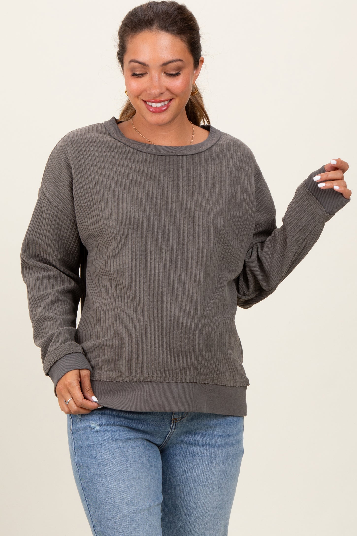 Charcoal Ribbed Brushed Knit Maternity Pullover Top