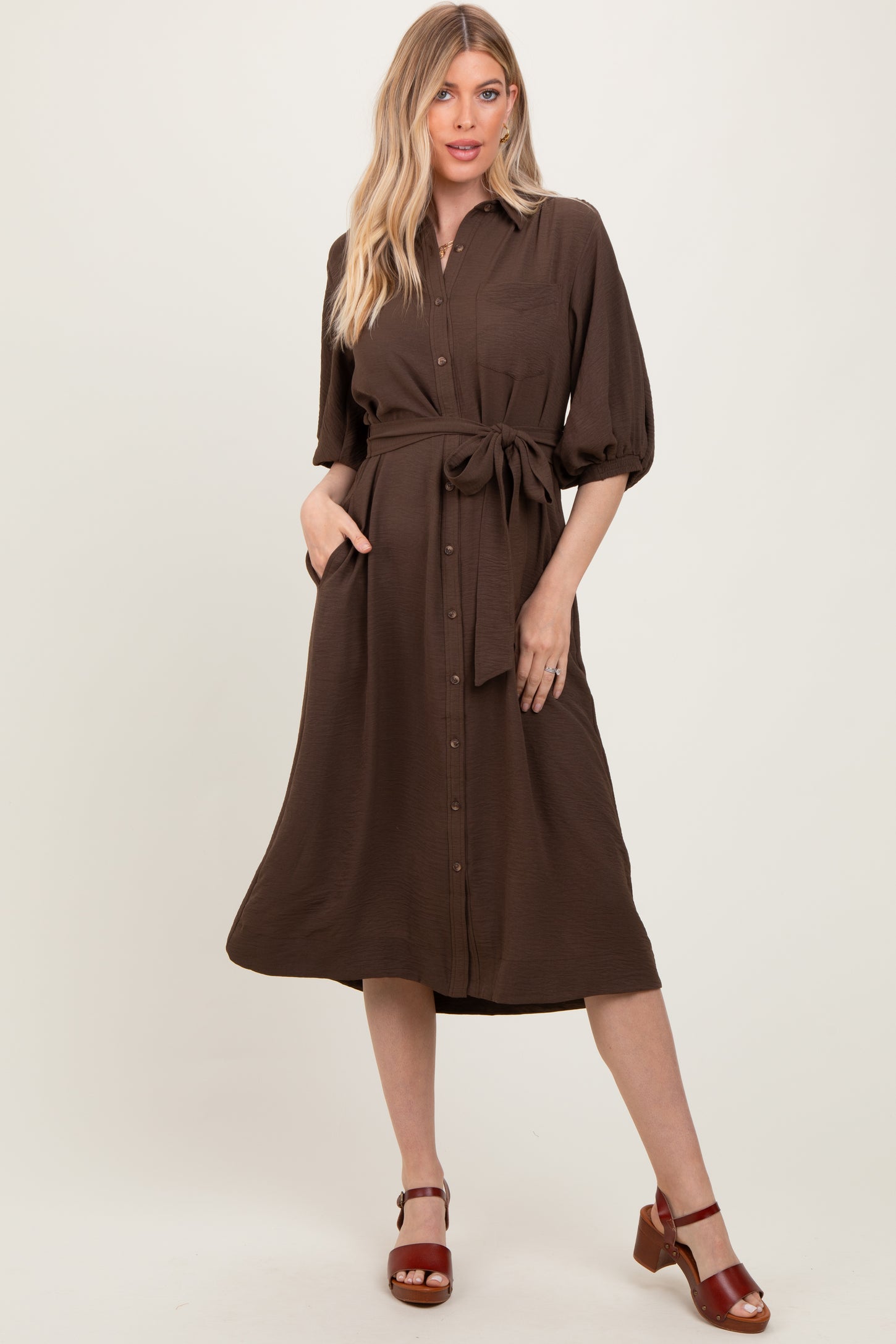 Brown Sash Tie Midi Shirt Dress