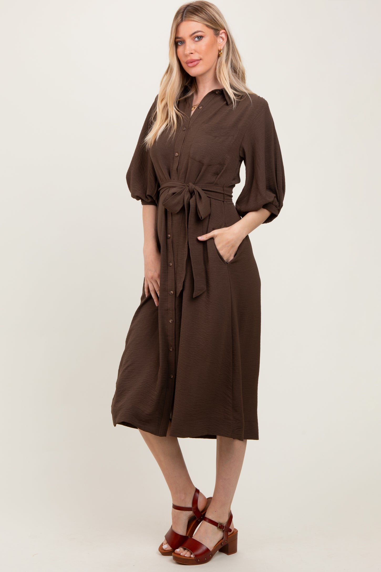 Brown Sash Tie Midi Shirt Dress