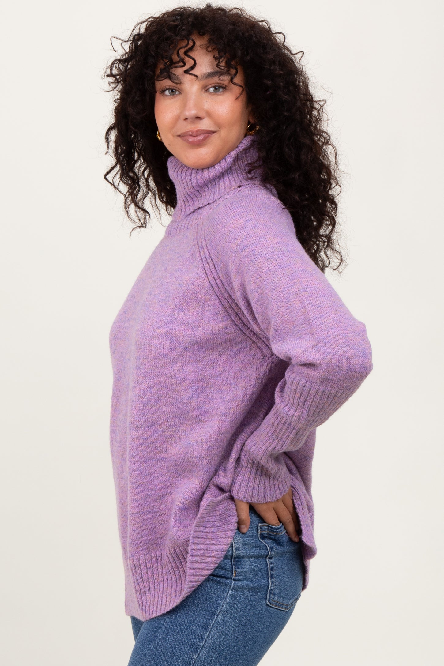 Lavender Contrast Rib Turtle Neck Sweater