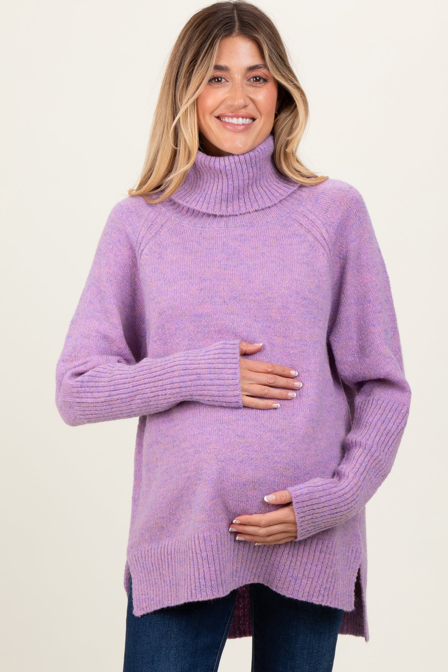 Lavender Contrast Rib Turtle Neck Maternity Sweater