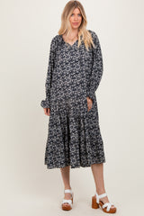 Navy Blue Floral Tie Neckline Tiered Maternity Maxi Dress