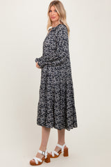 Navy Blue Floral Tie Neckline Tiered Maxi Dress