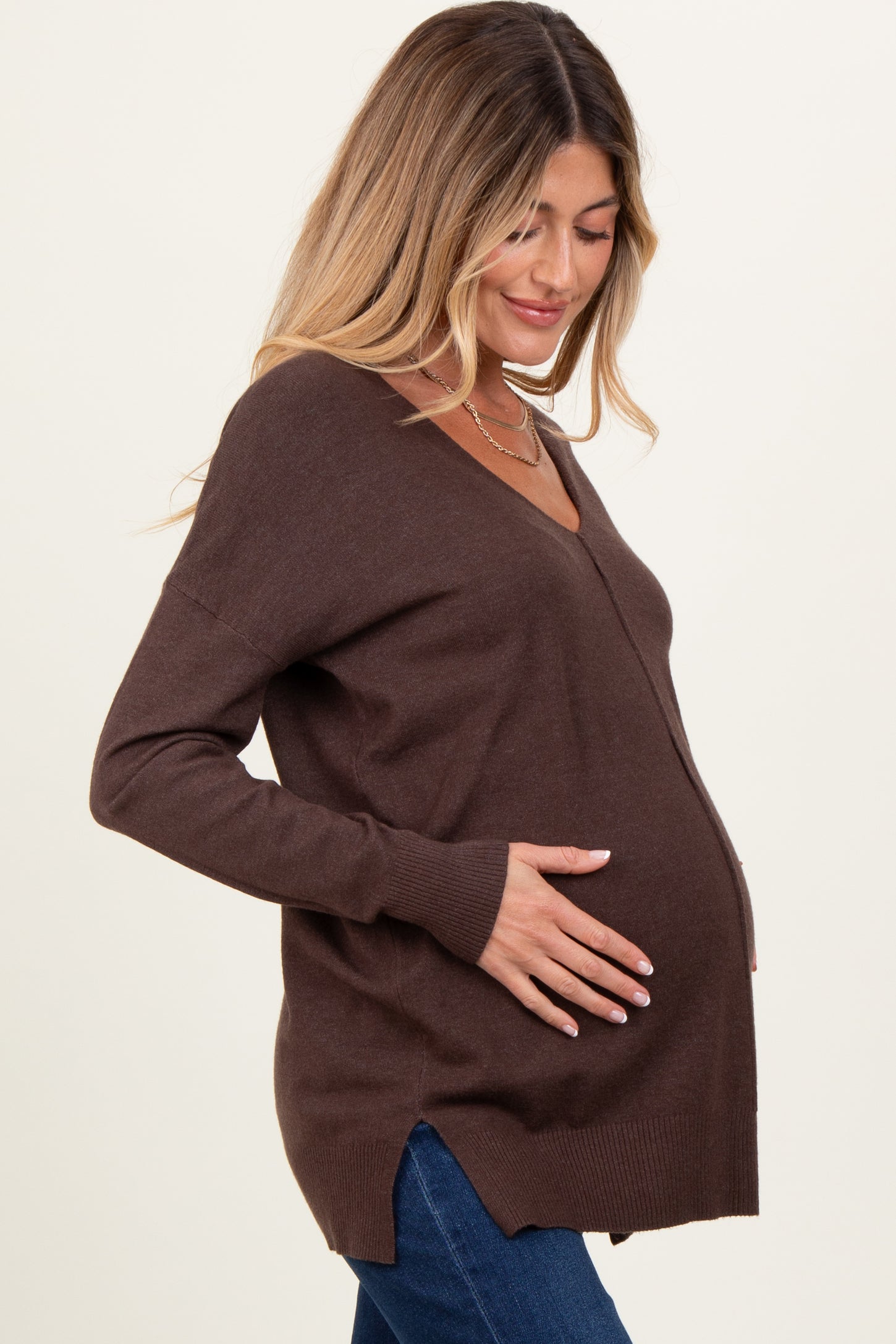 Brown Front Seam V-Neck Side Slit Maternity Sweater