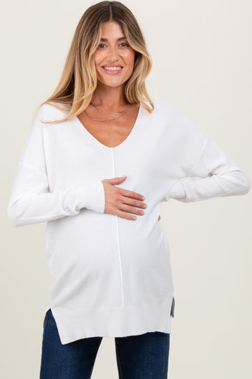 Ivory Front Seam V-Neck Side Slit Maternity Sweater