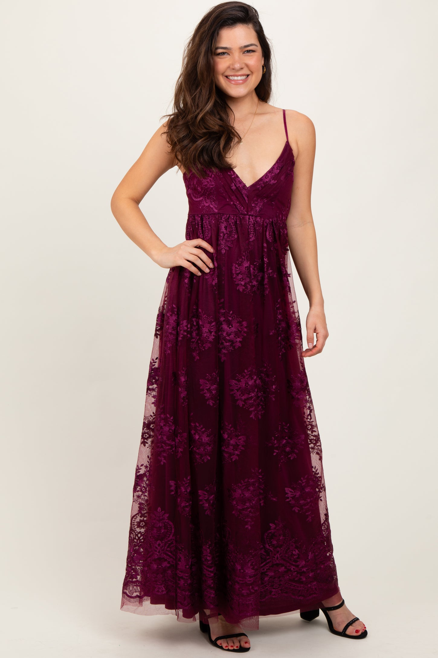 Plum Floral Lace Overlay Maxi Dress