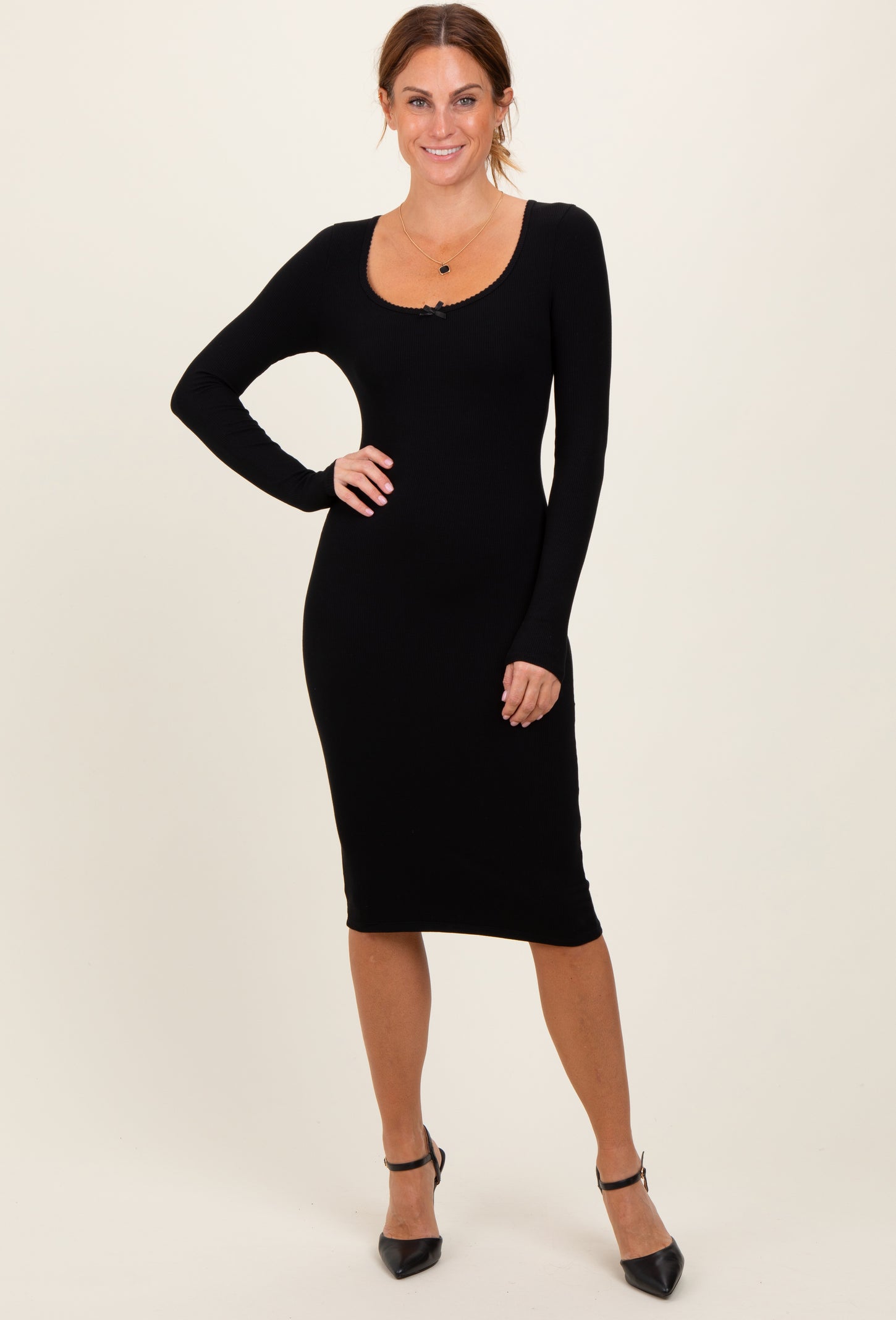 Black Bow Trim Neckline Long Sleeve Maternity Midi Dress