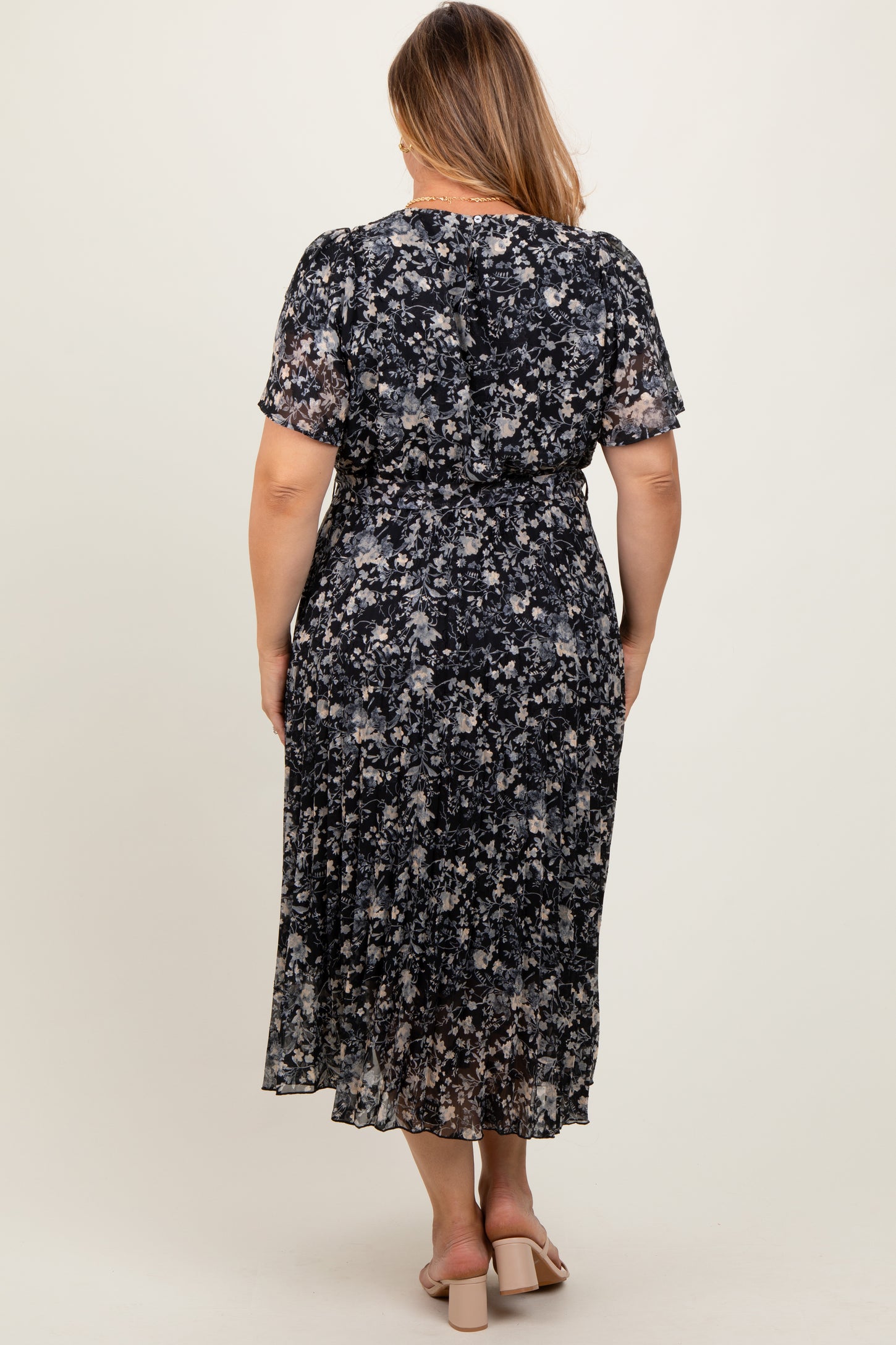 Black Floral Pleated Maternity Plus Midi Dress