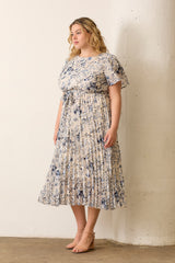 Cream Floral Pleated Plus Midi Dress