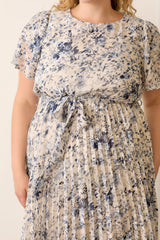 Cream Floral Pleated Plus Midi Dress